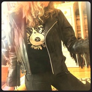 black leather fringe jacket.